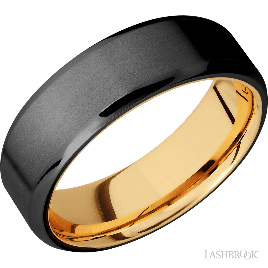 7 mm wide Beveled Zirconium band featuring a 14K Yellow Gold sleeve