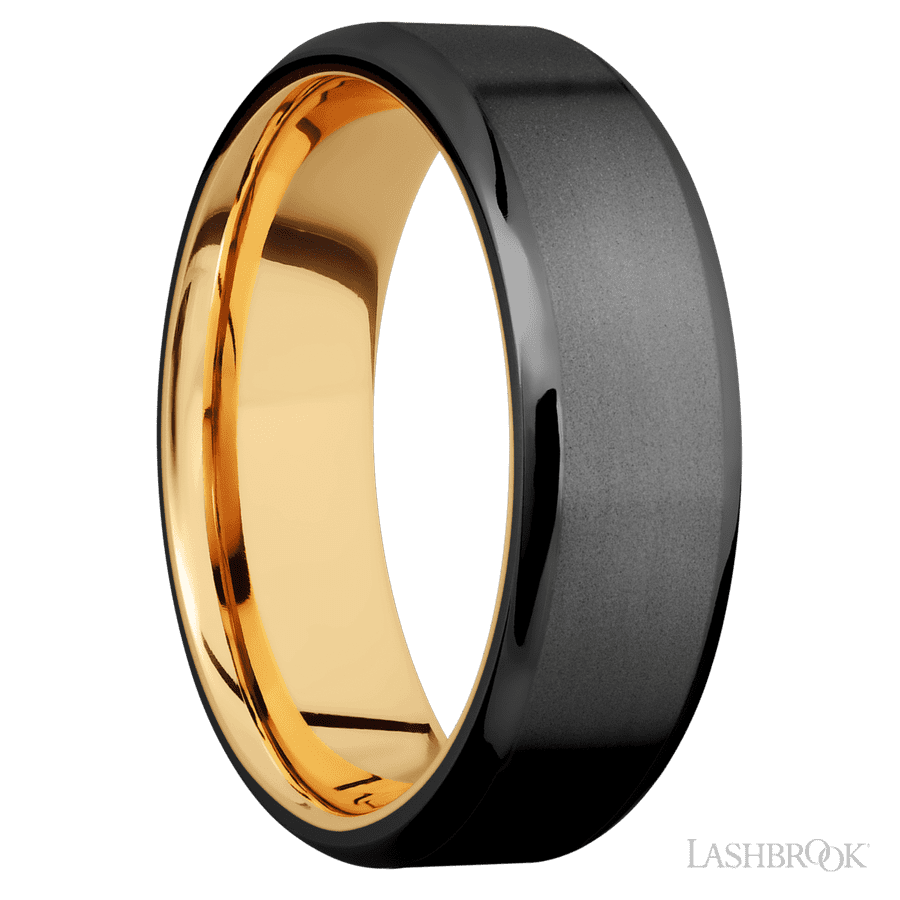 7 mm wide Beveled Zirconium band featuring a 14K Yellow Gold sleeve