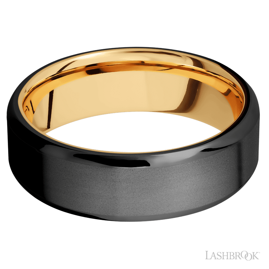 7 mm wide Beveled Zirconium band featuring a 14K Yellow Gold sleeve