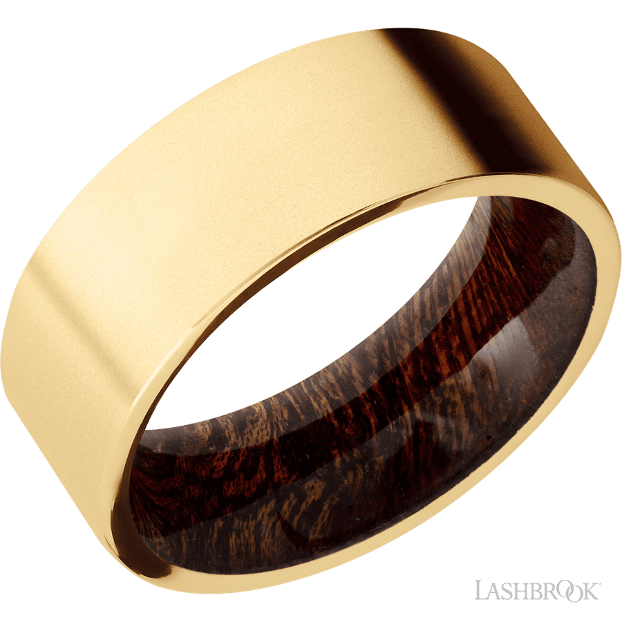 8 mm wide Flat 14K Yellow Gold band featuring a Sapele sleeve