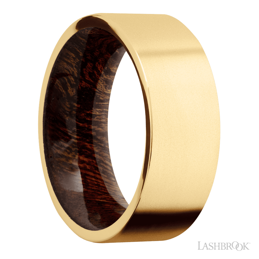 8 mm wide Flat 14K Yellow Gold band featuring a Sapele sleeve