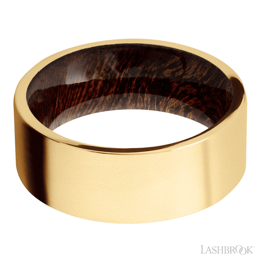 8 mm wide Flat 14K Yellow Gold band featuring a Sapele sleeve