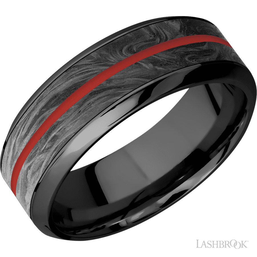 8 mm wide High Bevel Zirconium band featuring inlays of Forged Carbon Fiber and USMC Red