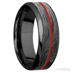 8 mm wide High Bevel Zirconium band featuring inlays of Forged Carbon Fiber and USMC Red