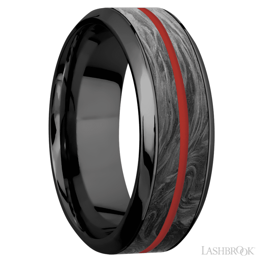 8 mm wide High Bevel Zirconium band featuring inlays of Forged Carbon Fiber and USMC Red