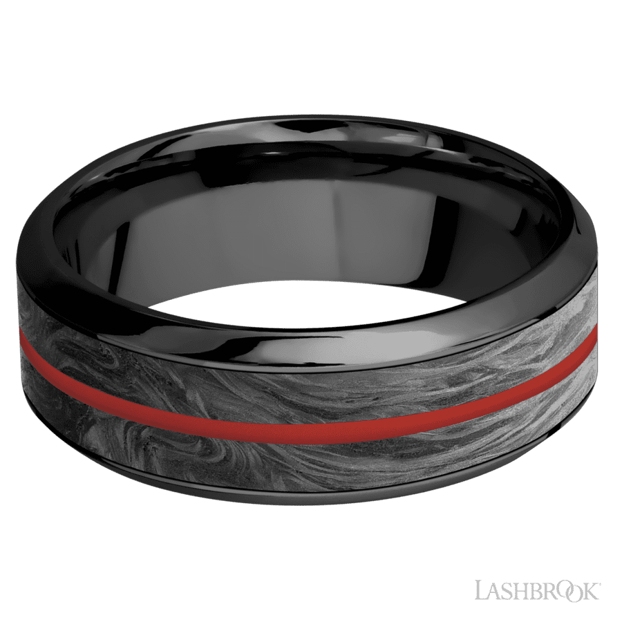 8 mm wide High Bevel Zirconium band featuring inlays of Forged Carbon Fiber and USMC Red