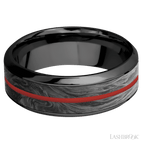 8 mm wide High Bevel Zirconium band featuring inlays of Forged Carbon Fiber and USMC Red