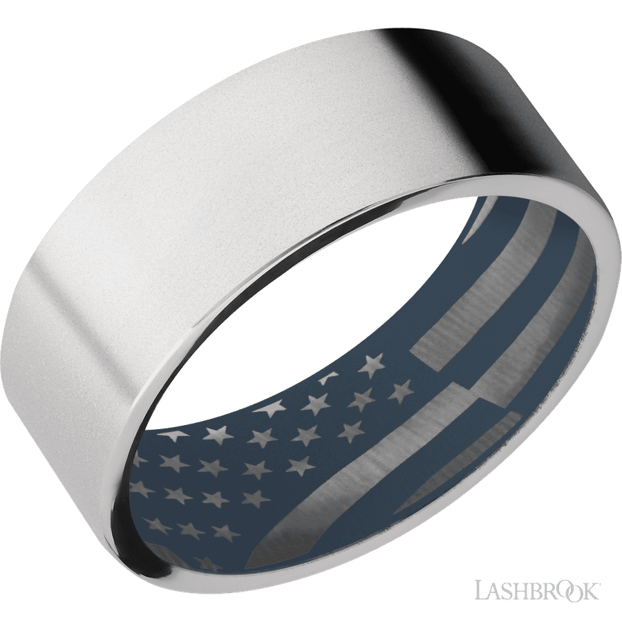 8 mm wide Flat Cobalt Chrome band featuring a Navy Blue sleeve