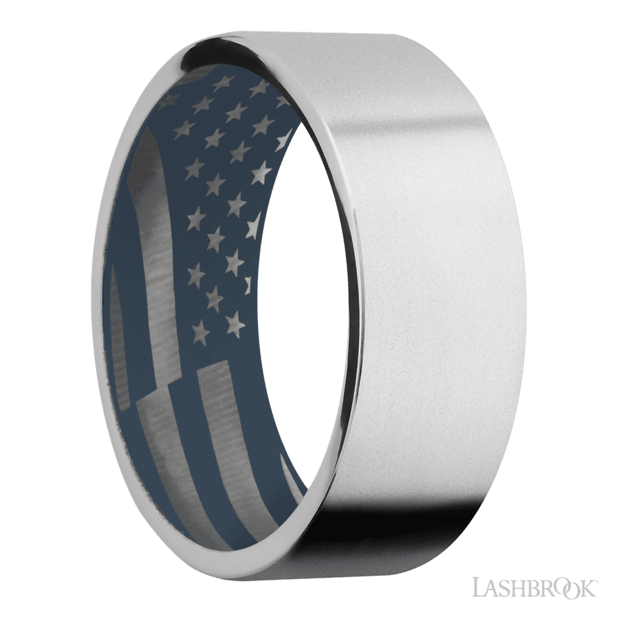 8 mm wide Flat Cobalt Chrome band featuring a Navy Blue sleeve