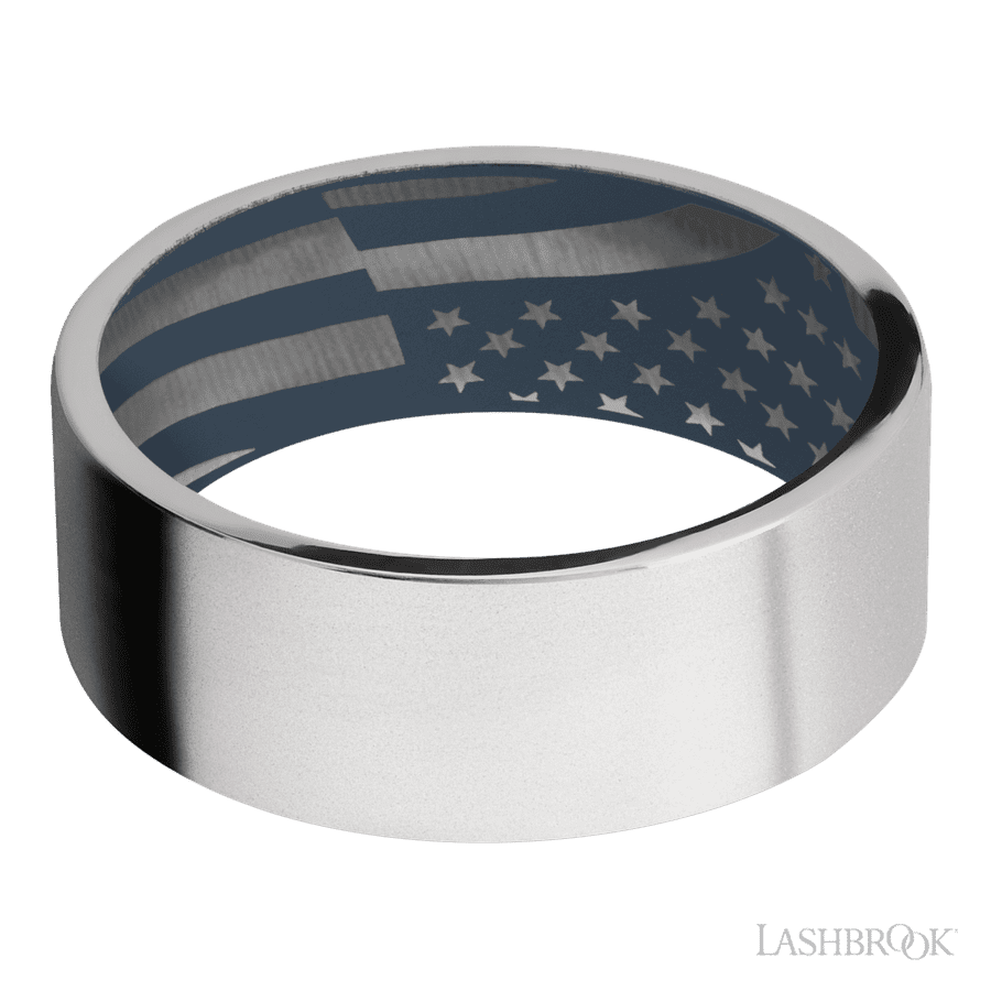 8 mm wide Flat Cobalt Chrome band featuring a Navy Blue sleeve