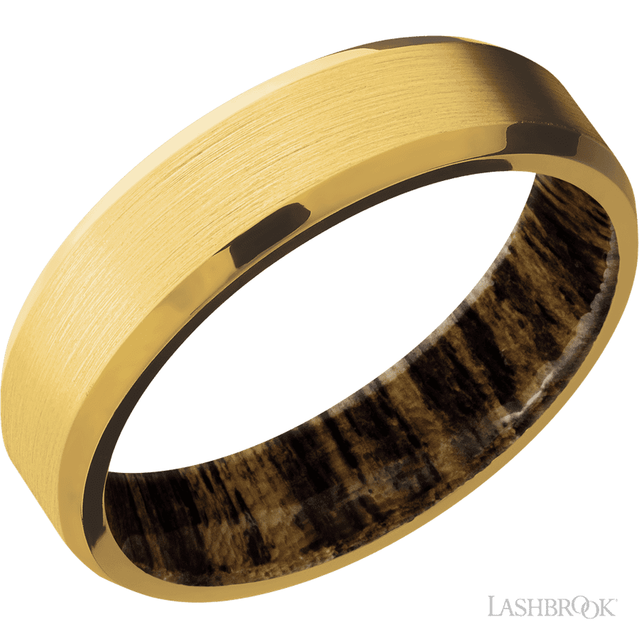 6 mm wide Beveled 18K Yellow Gold band featuring a Bocote sleeve