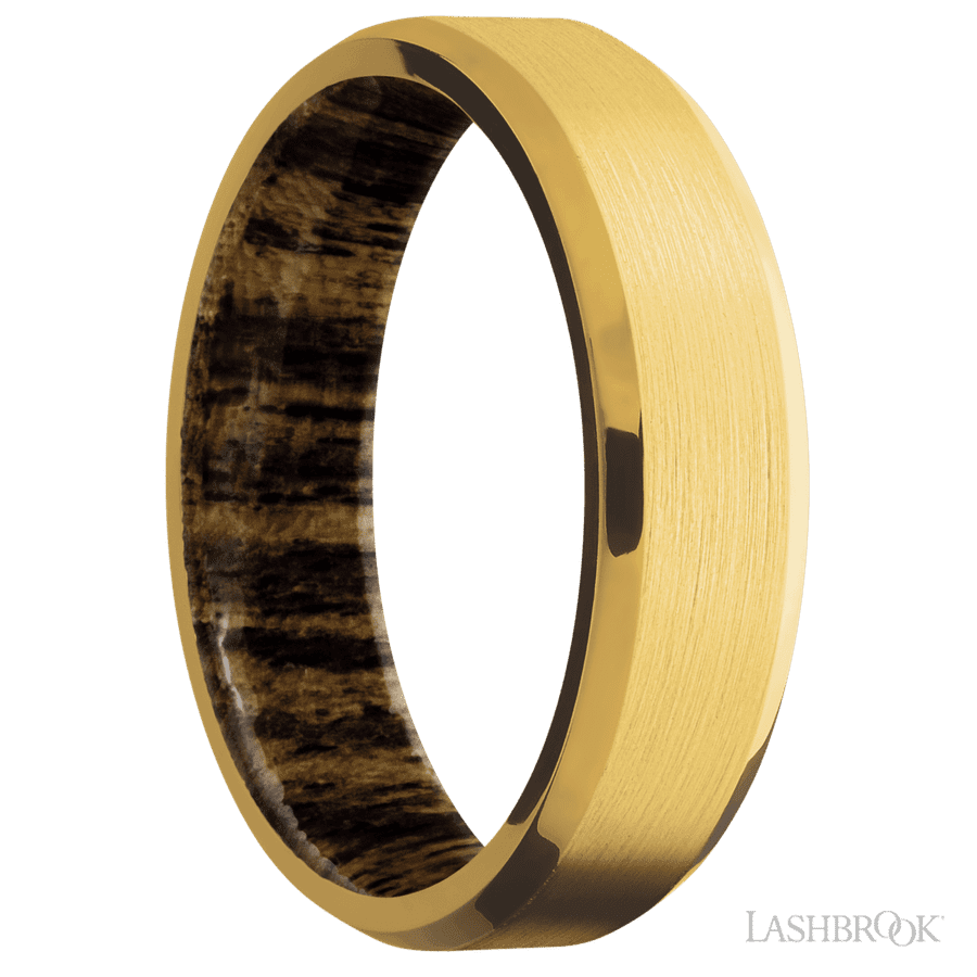 6 mm wide Beveled 18K Yellow Gold band featuring a Bocote sleeve