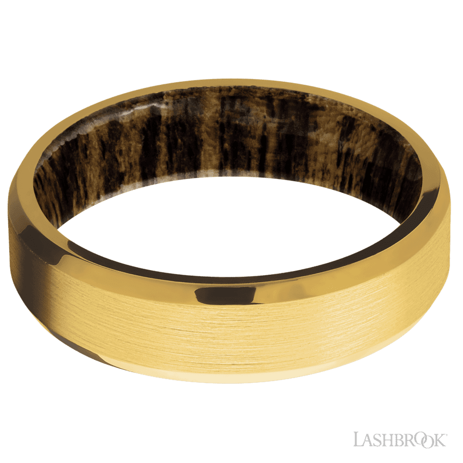 6 mm wide Beveled 18K Yellow Gold band featuring a Bocote sleeve