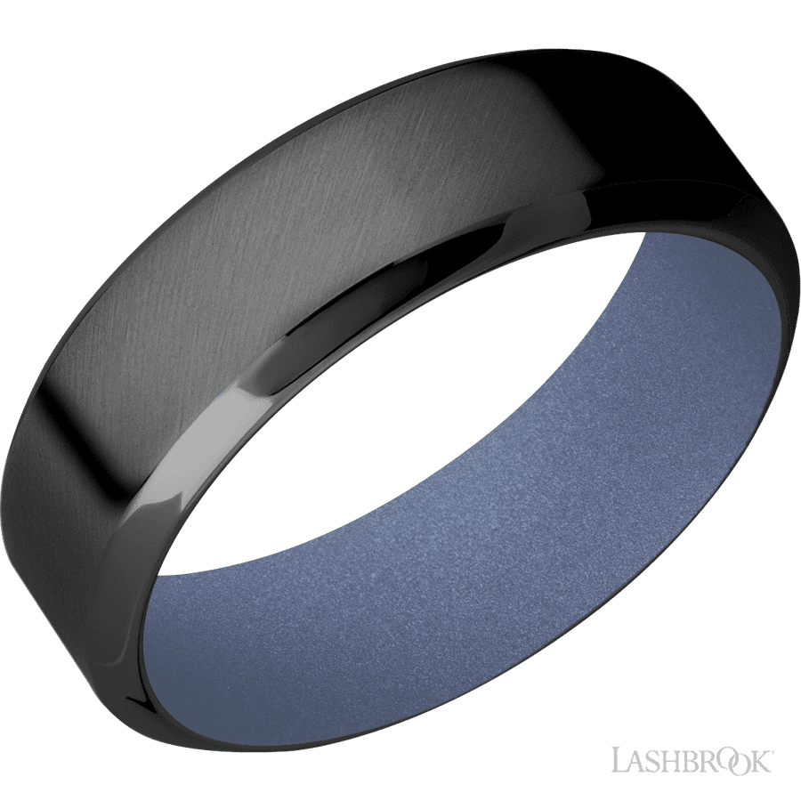 7 mm wide High Bevel Zirconium band featuring a Crushed Orchid sleeve