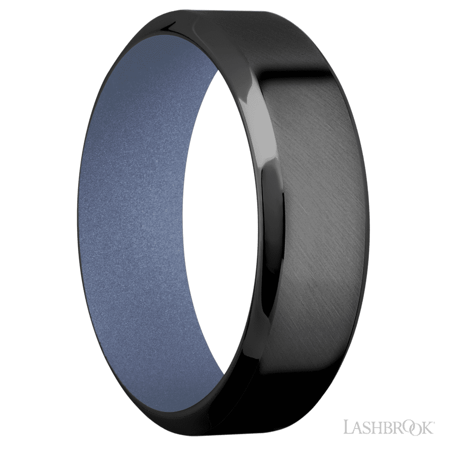 7 mm wide High Bevel Zirconium band featuring a Crushed Orchid sleeve