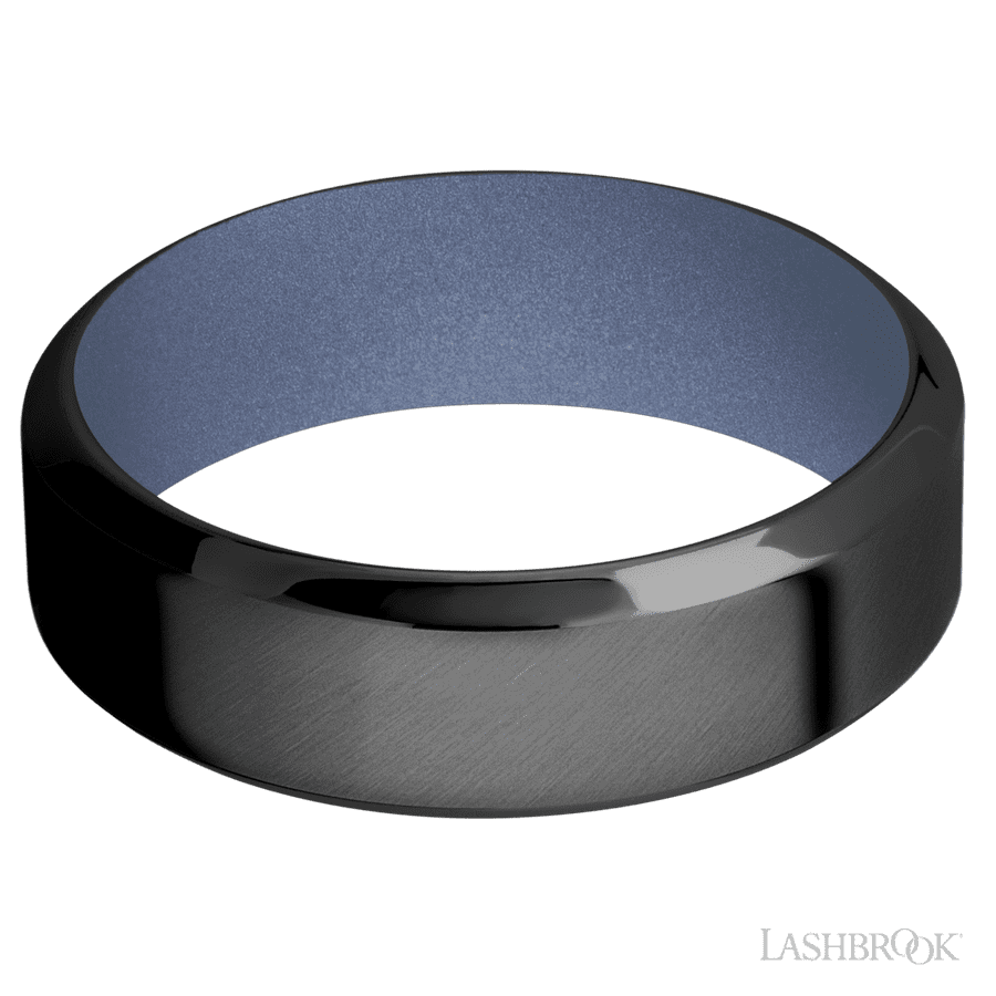 7 mm wide High Bevel Zirconium band featuring a Crushed Orchid sleeve