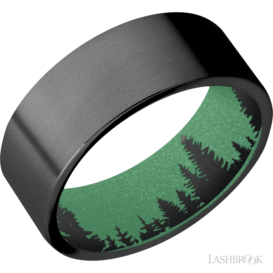 8 mm wide Flat Zirconium band featuring a Squatch sleeve