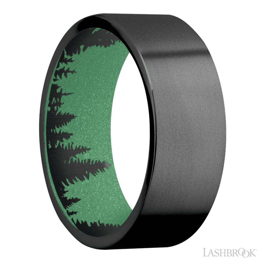8 mm wide Flat Zirconium band featuring a Squatch sleeve