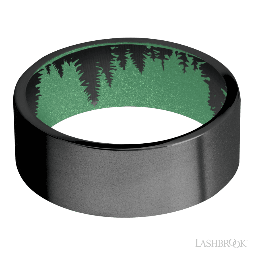 8 mm wide Flat Zirconium band featuring a Squatch sleeve
