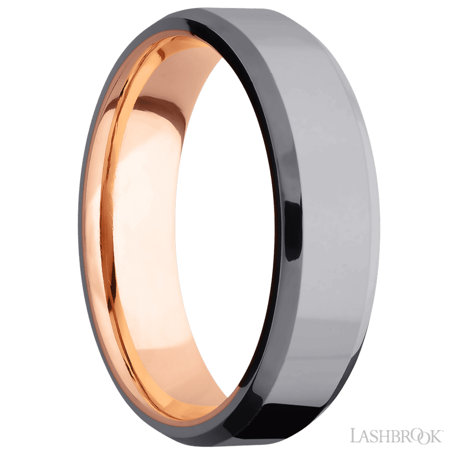 6 mm wide Beveled Tantalum band featuring a 14K Rose Gold sleeve