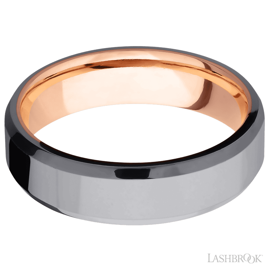 6 mm wide Beveled Tantalum band featuring a 14K Rose Gold sleeve