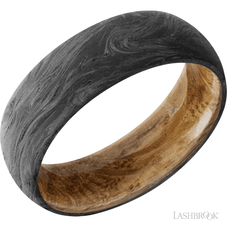 7 mm wide Domed Forged Carbon Fiber band featuring a Whiskey Barrel sleeve