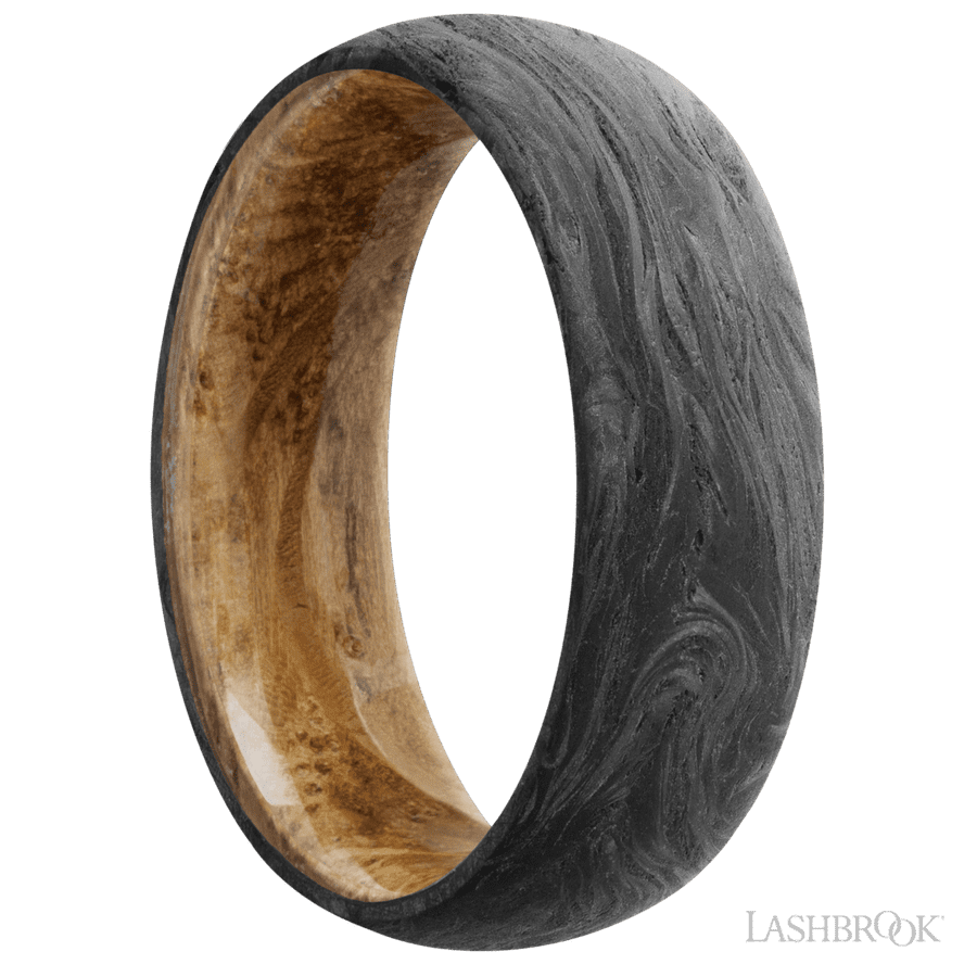 7 mm wide Domed Forged Carbon Fiber band featuring a Whiskey Barrel sleeve
