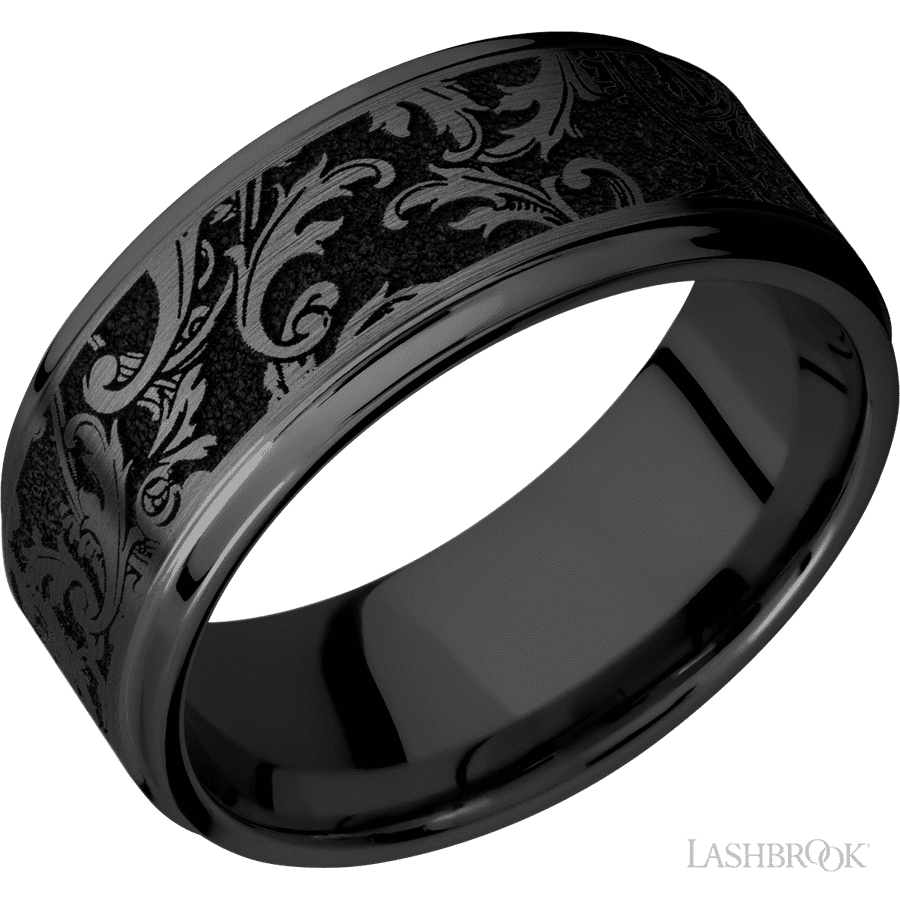 9 mm wide Flat Grooved Edges Zirconium band