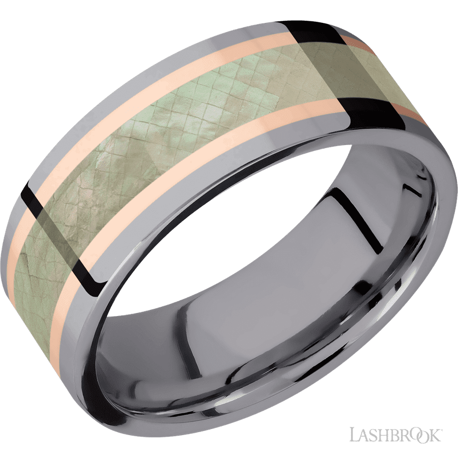 8 mm wide Flat Tantalum band featuring inlays of 14K Rose Gold and Freshwater Mother of Pearl