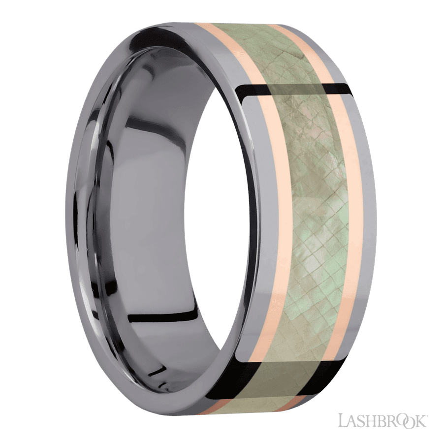 8 mm wide Flat Tantalum band featuring inlays of 14K Rose Gold and Freshwater Mother of Pearl