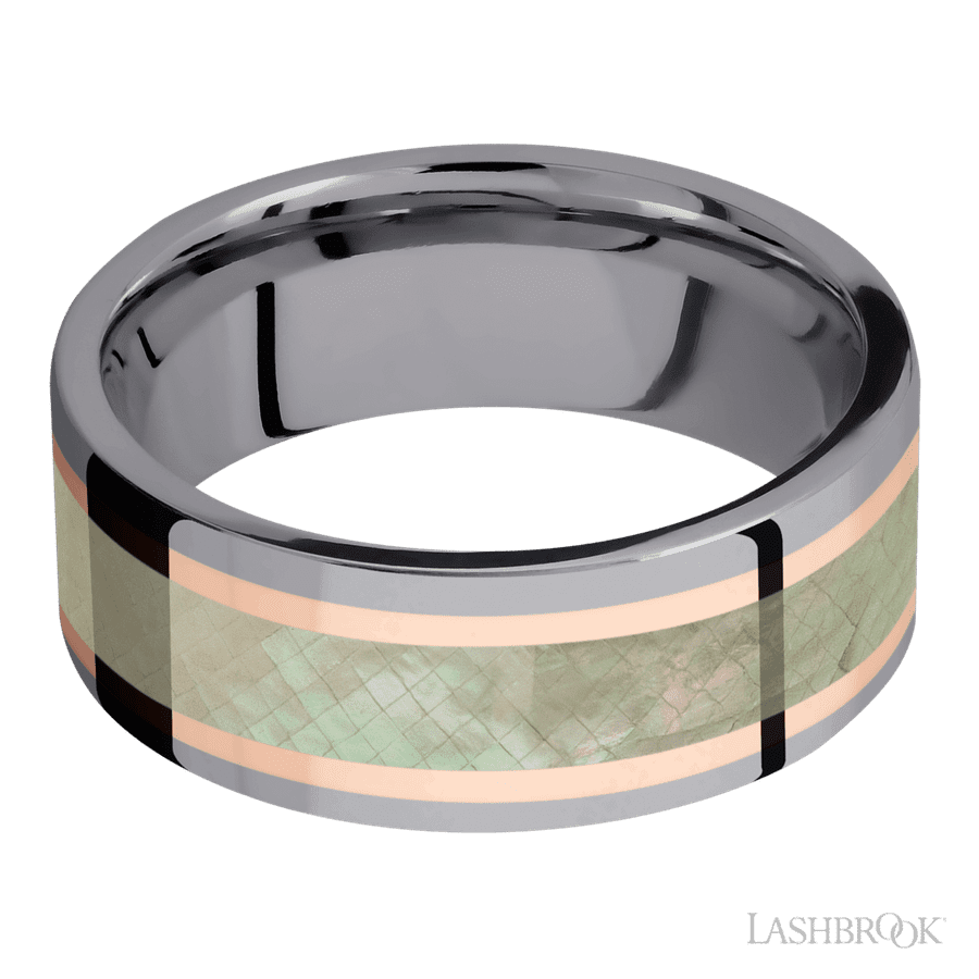 8 mm wide Flat Tantalum band featuring inlays of 14K Rose Gold and Freshwater Mother of Pearl