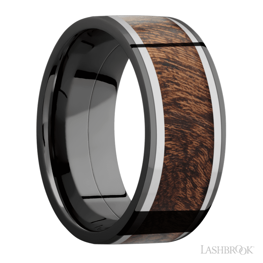 9 mm wide Flat Zirconium band featuring inlays of Titanium and Sapele