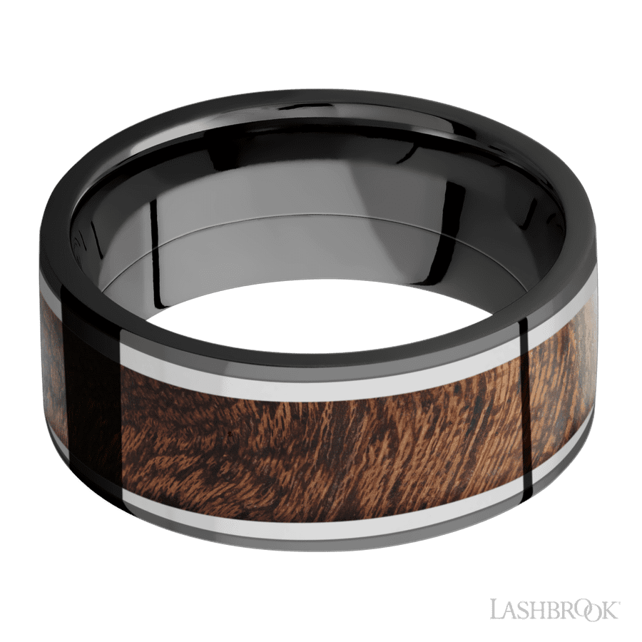9 mm wide Flat Zirconium band featuring inlays of Titanium and Sapele