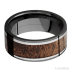 9 mm wide Flat Zirconium band featuring inlays of Titanium and Sapele