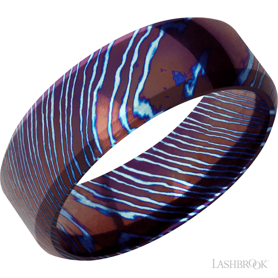 8 mm wide High Bevel Titanium Damascus band
