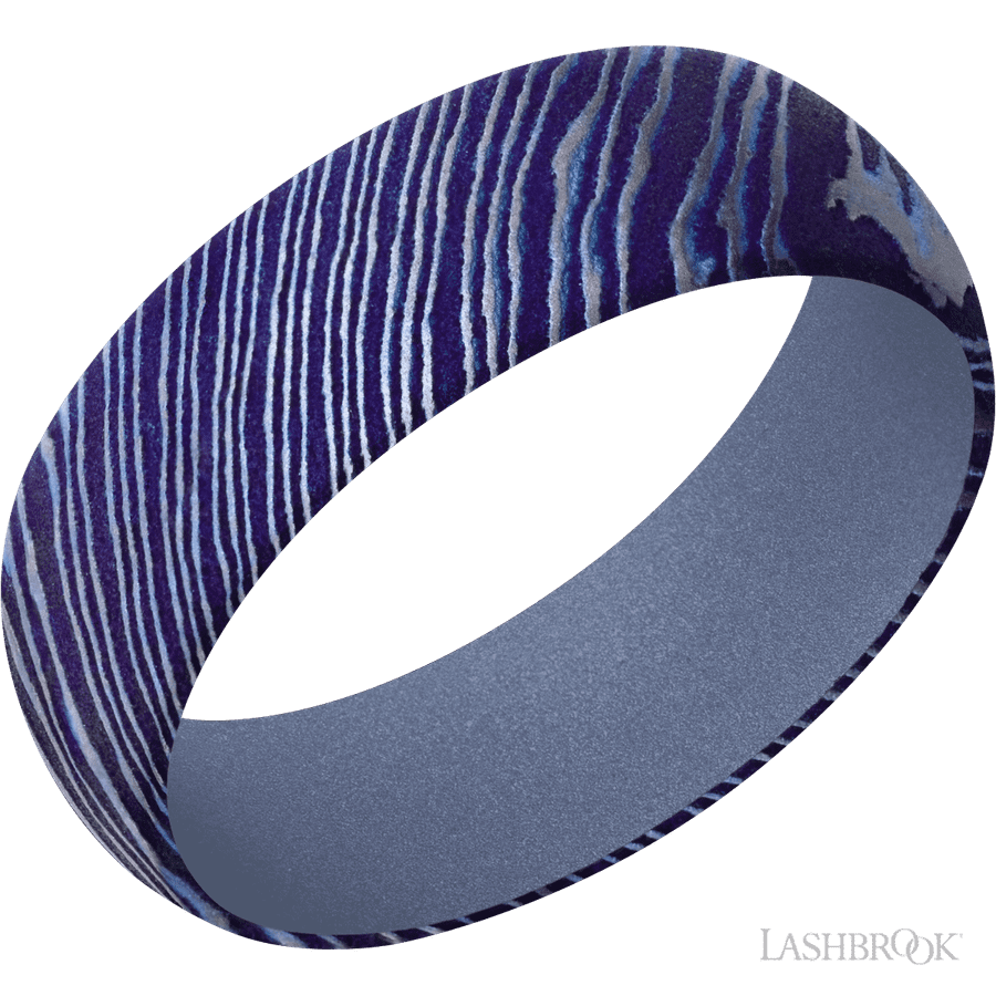 7 mm wide Domed Titanium Damascus band featuring a Crushed Orchid sleeve