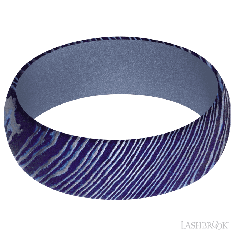 7 mm wide Domed Titanium Damascus band featuring a Crushed Orchid sleeve