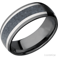 8 mm wide Domed Zirconium band featuring inlays of 14K White Gold and Blue Sapphire