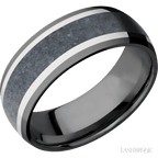 8 mm wide Domed Zirconium band featuring inlays of 14K White Gold and Blue Sapphire