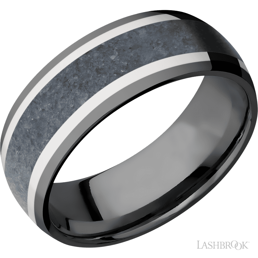8 mm wide Domed Zirconium band featuring inlays of 14K White Gold and Blue Sapphire