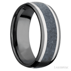 8 mm wide Domed Zirconium band featuring inlays of 14K White Gold and Blue Sapphire