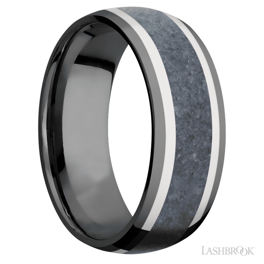 8 mm wide Domed Zirconium band featuring inlays of 14K White Gold and Blue Sapphire