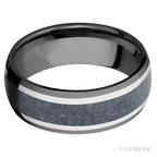 8 mm wide Domed Zirconium band featuring inlays of 14K White Gold and Blue Sapphire