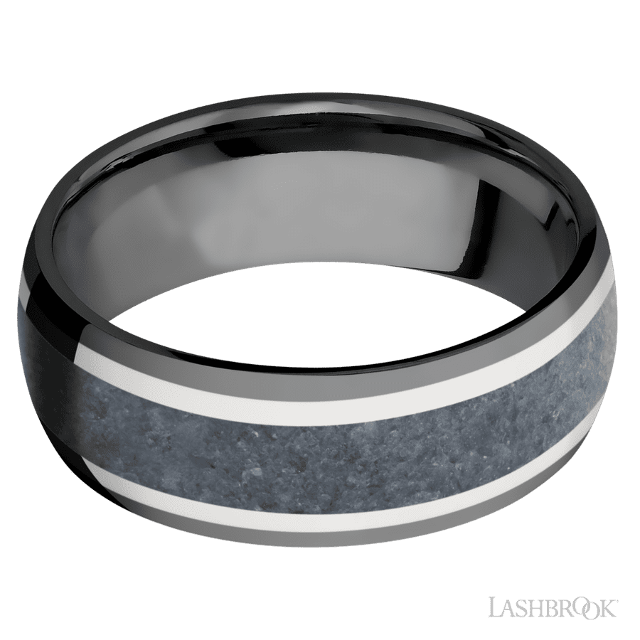 8 mm wide Domed Zirconium band featuring inlays of 14K White Gold and Blue Sapphire