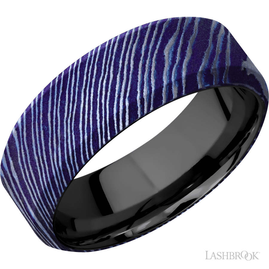 8 mm wide High Bevel Titanium Damascus band featuring a Zirconium sleeve