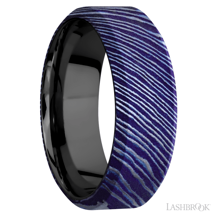 8 mm wide High Bevel Titanium Damascus band featuring a Zirconium sleeve
