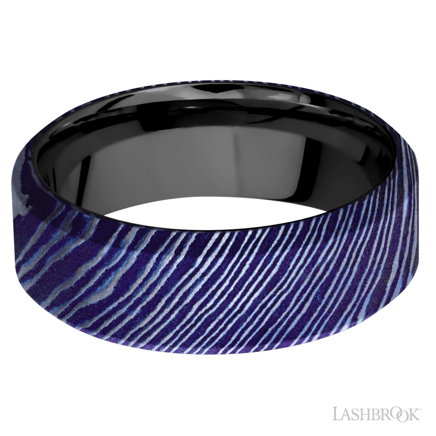 8 mm wide High Bevel Titanium Damascus band featuring a Zirconium sleeve