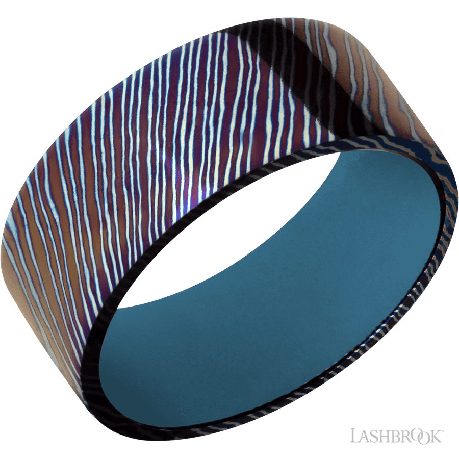 9 mm wide Flat Titanium Damascus band featuring a Royal Blue sleeve