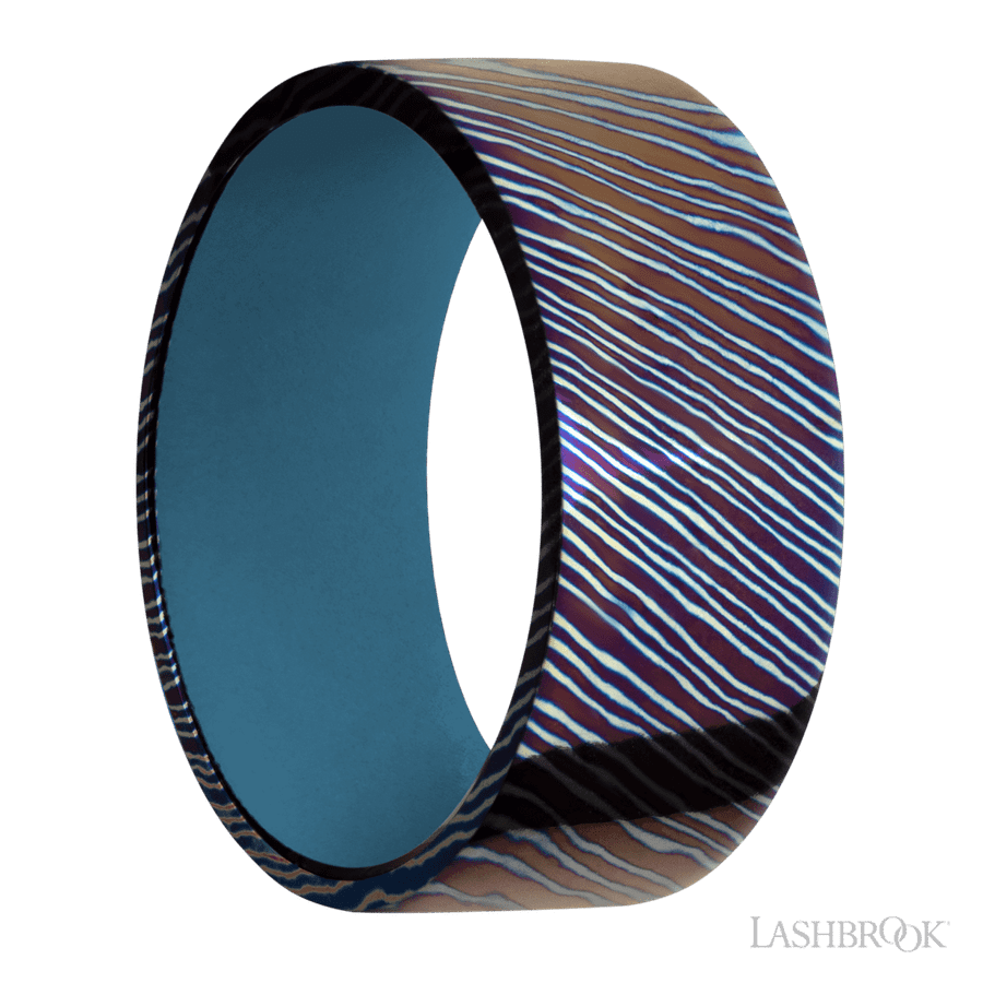9 mm wide Flat Titanium Damascus band featuring a Royal Blue sleeve