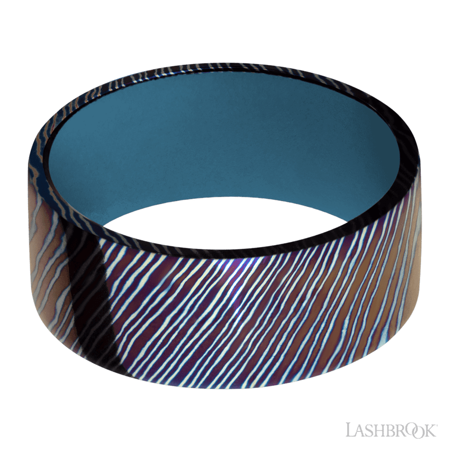 9 mm wide Flat Titanium Damascus band featuring a Royal Blue sleeve